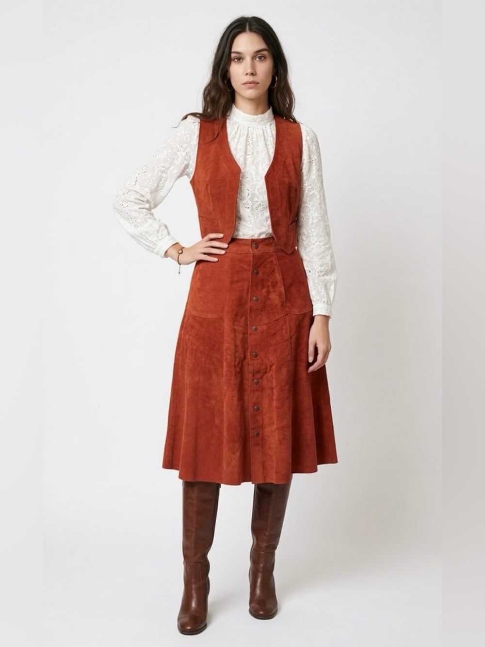 Vintage Rust Brown Suede Vest & Skirt Set XS 70s Boho Western Fall Outfit Retro